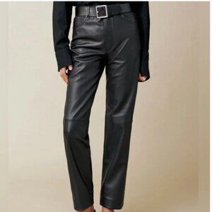 Reformation Veda Cynthia High Waisted Slim / Straight Leg Leather Pants in Black